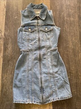 Sleeveless Zip-Front Denim Dress in Light Blue